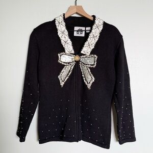 Vintage Storybook Knits Beaded Sequin Black Bow Cardigan Sweater.